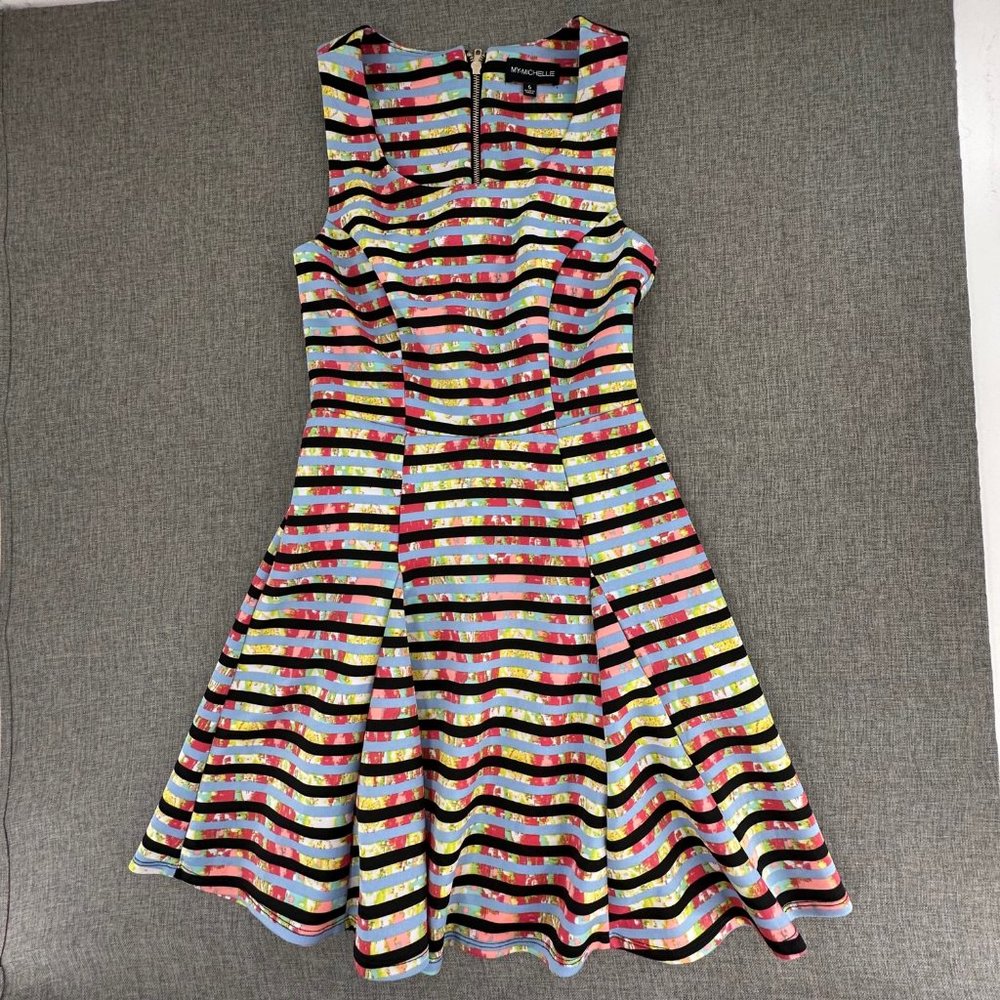 My Michelle Fit & Flare Dress Striped Sleeveless Size 5 Stretch Multicolor Zippe